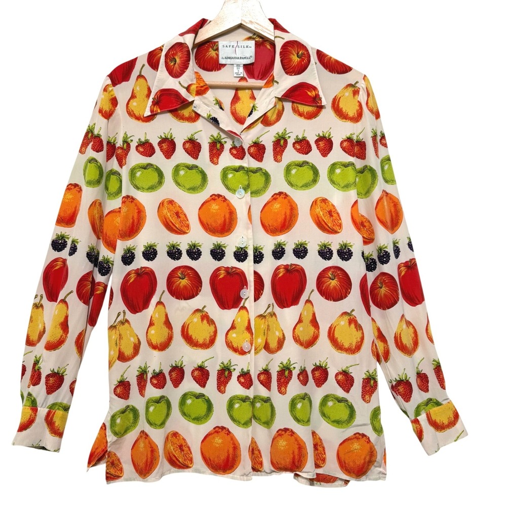 Silk Fruit Print Button Down Top Shirt Size 6 (Small) Farmers Art Farmers Market